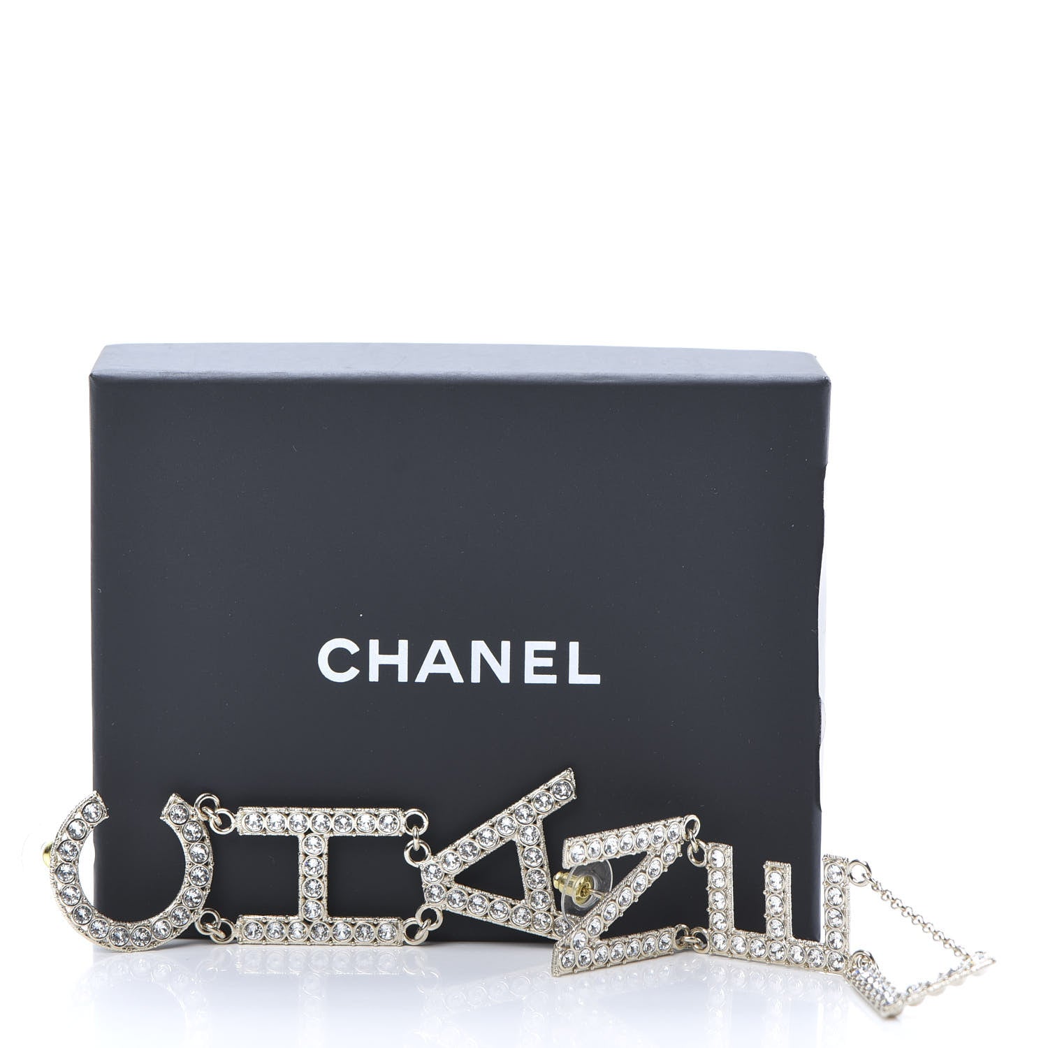 Chanel Crystal Cha-Nel Logo Drop Earrings Gold 5 of 5
