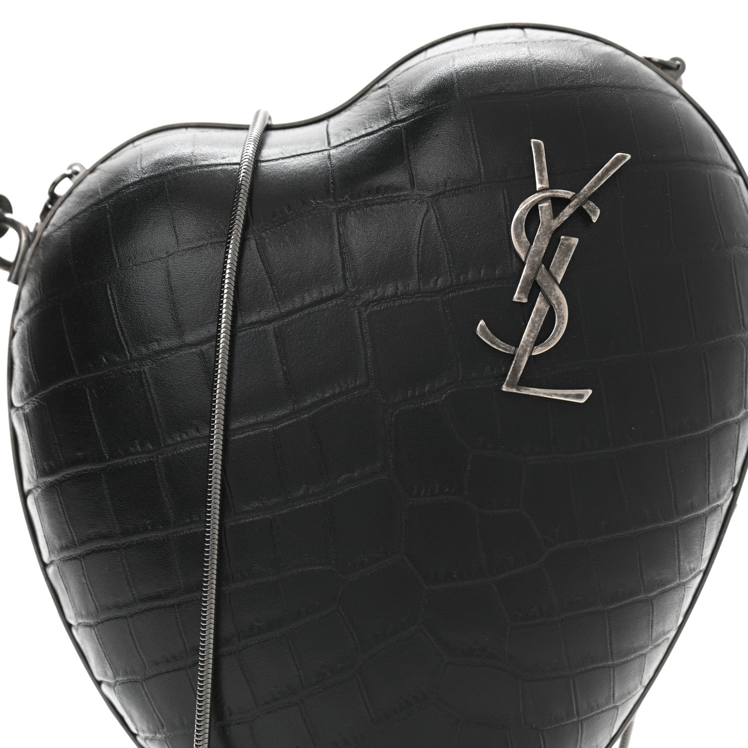 Saint Laurent Calfskin Crocodile Embossed Monogram Love Box Bag Black 7 of 10