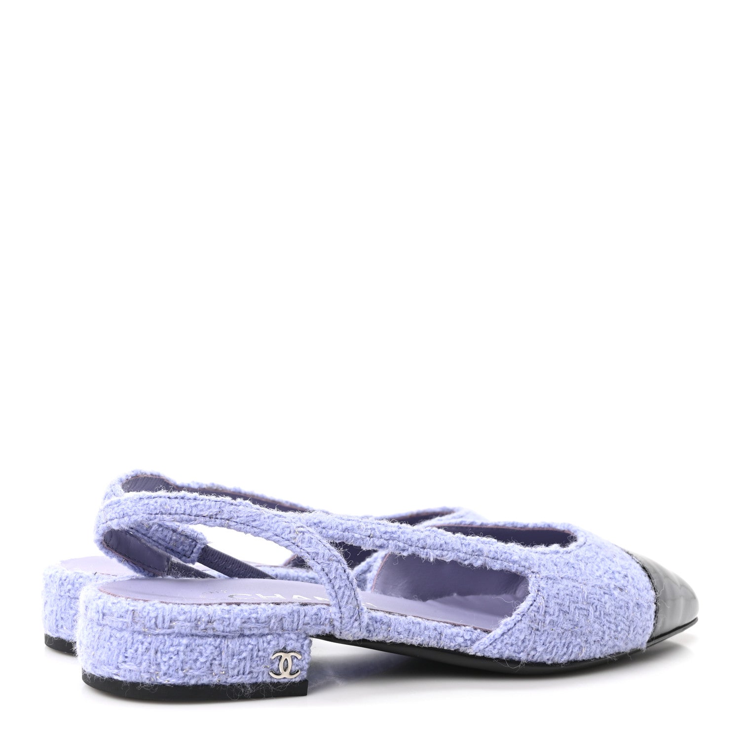 Chanel Iridescent Wool Tweed Patent Cap Toe CC Slingback Flats 36 Light Purple Silver Black 5 of 9