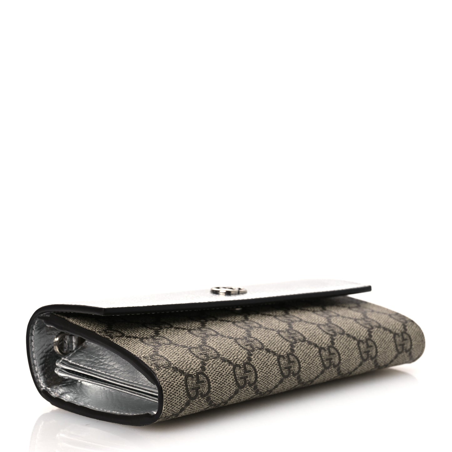 Metallic Calfskin GG Supreme Monogram Petite GG Marmont Wallet Chain Bag Silver Beige Ebony
