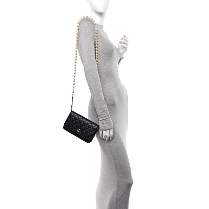 Chanel Lambskin Quilted Pearl Wallet On Chain WOC Black 2 of 12