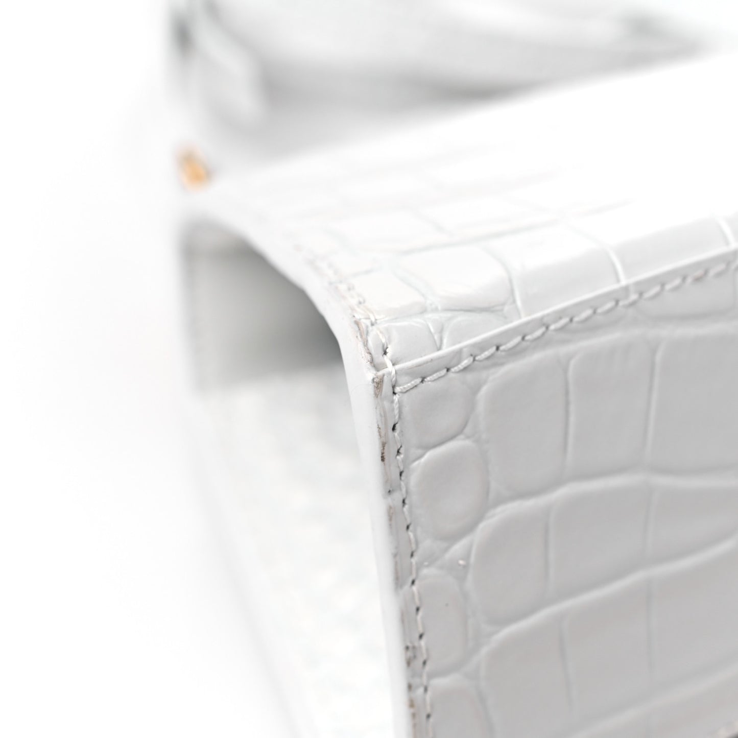 Shiny Calfskin Crocodile Embossed Hourglass Top Handle Bag XS White