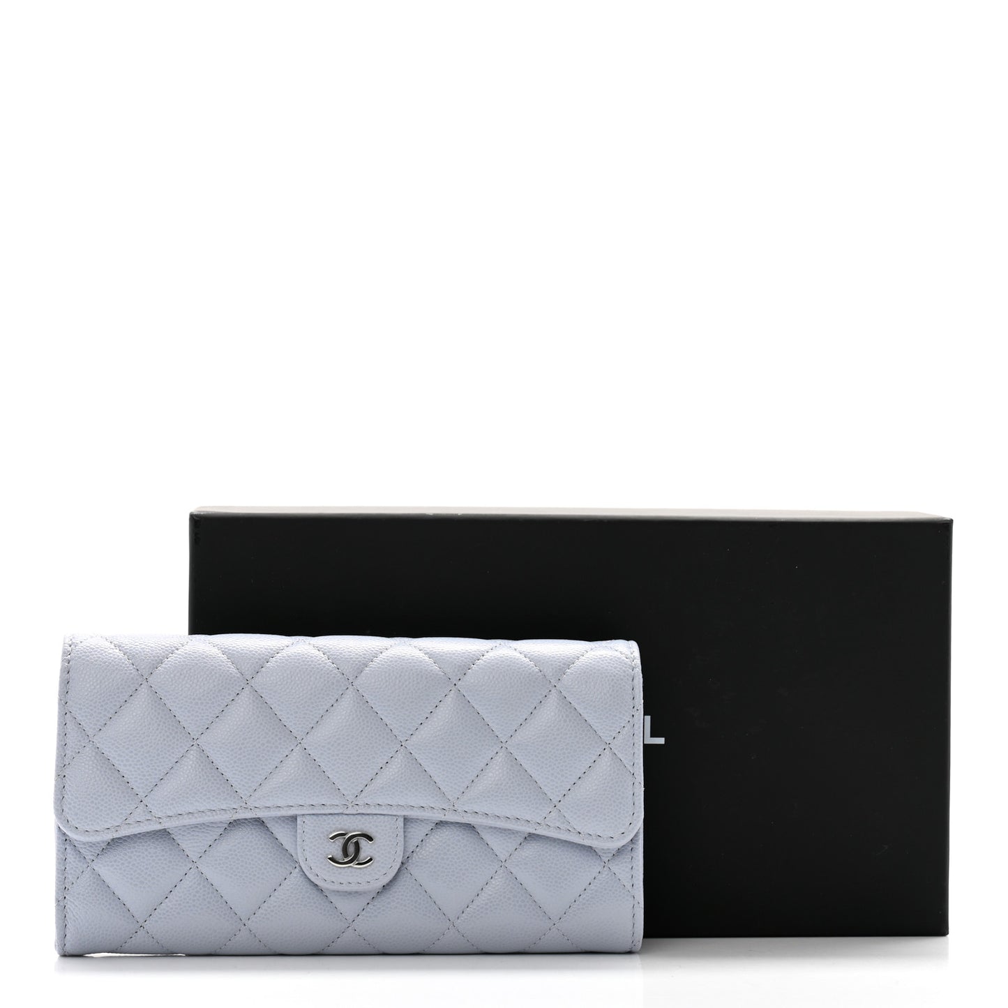Caviar Quilted Large Gusset Flap Wallet Light Blue