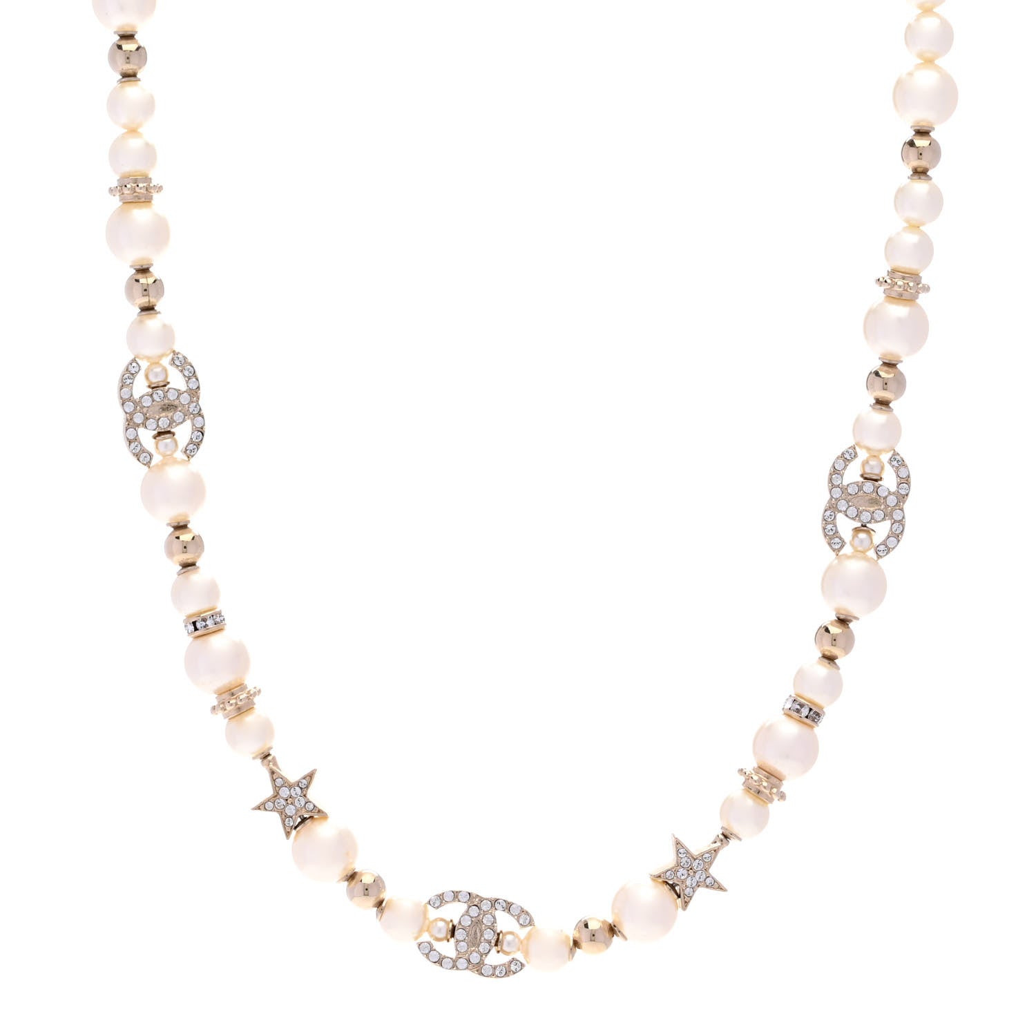 Chanel Metal Crystal Pearl CC Star Short Necklace Gold 1 of 6