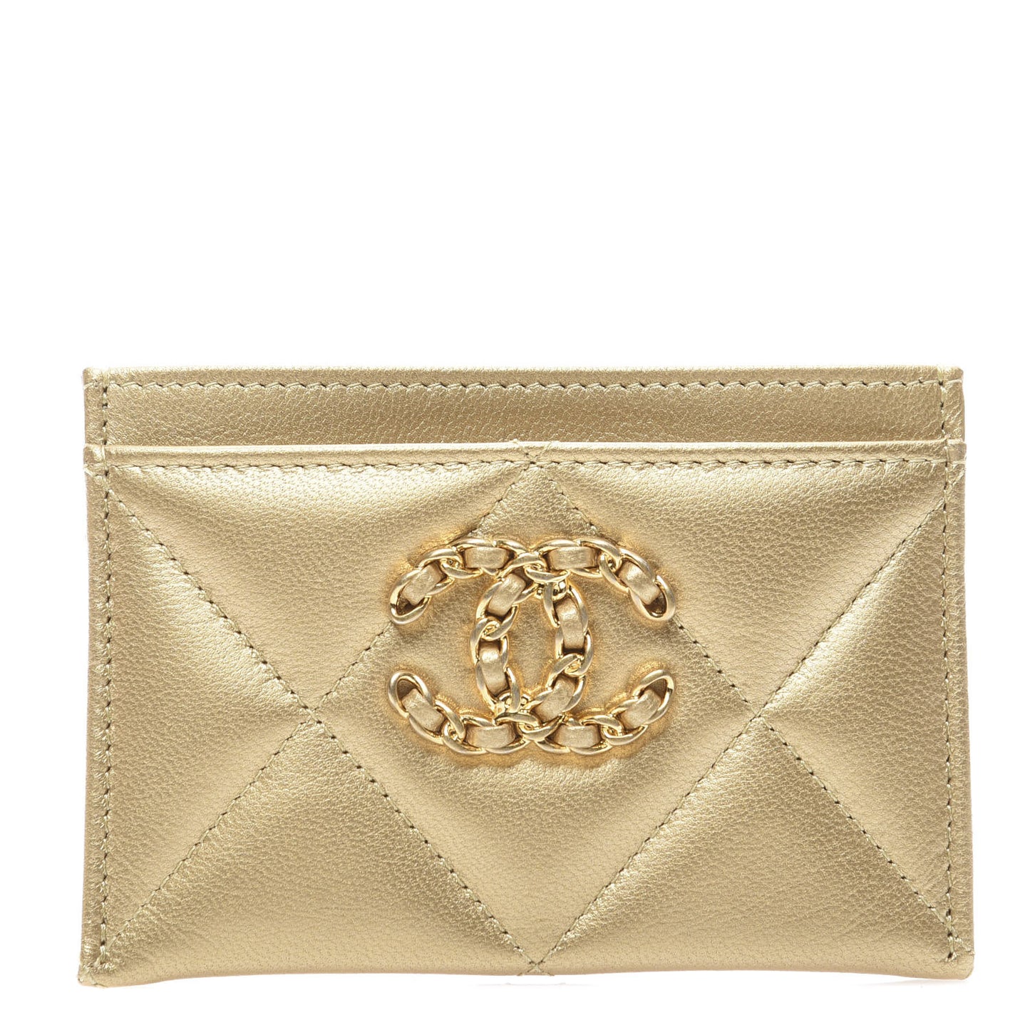 Metallic Goatskin Quilted Chanel 19 Card Holder Gold