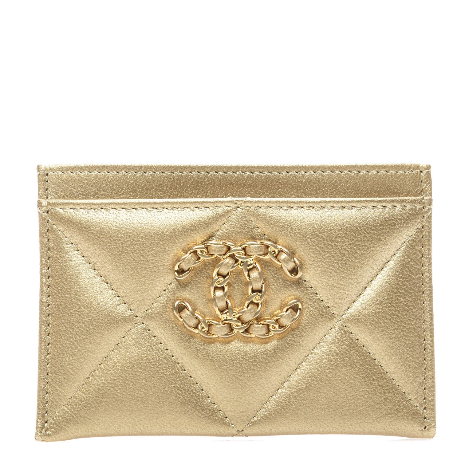 Chanel Metallic Goatskin Quilted Chanel 19 Card Holder Gold 1 of 8