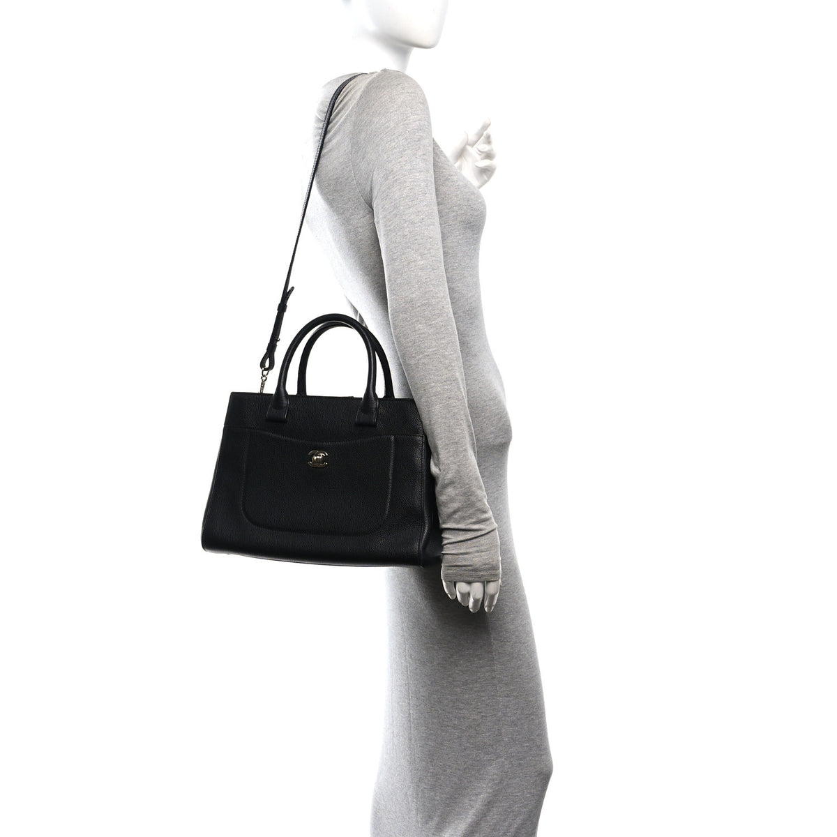 Grained Calfskin Small Neo Executive Shopper Tote Black