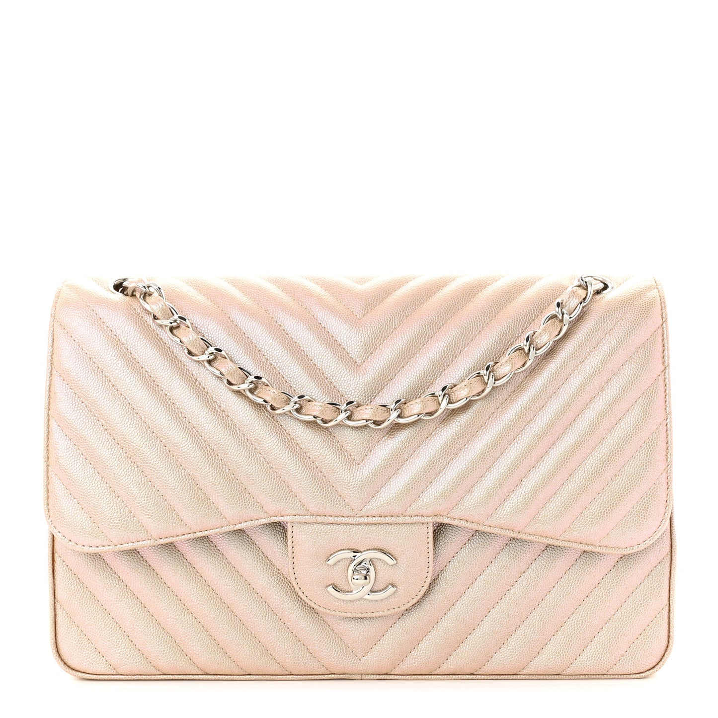 Metallic Caviar Chevron Quilted Jumbo Double Flap Light Gold