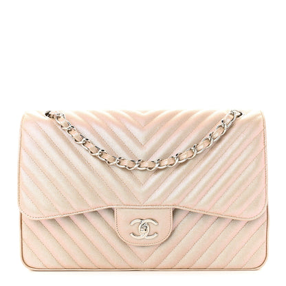 Chanel Metallic Caviar Chevron Quilted Jumbo Double Flap Light Gold 1 of 10