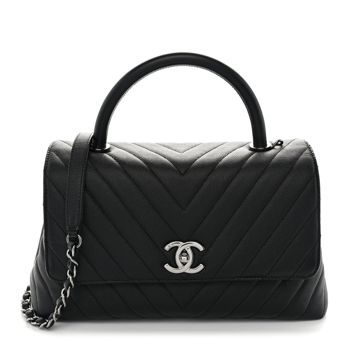 Caviar Chevron Quilted Small Coco Handle Flap So Black