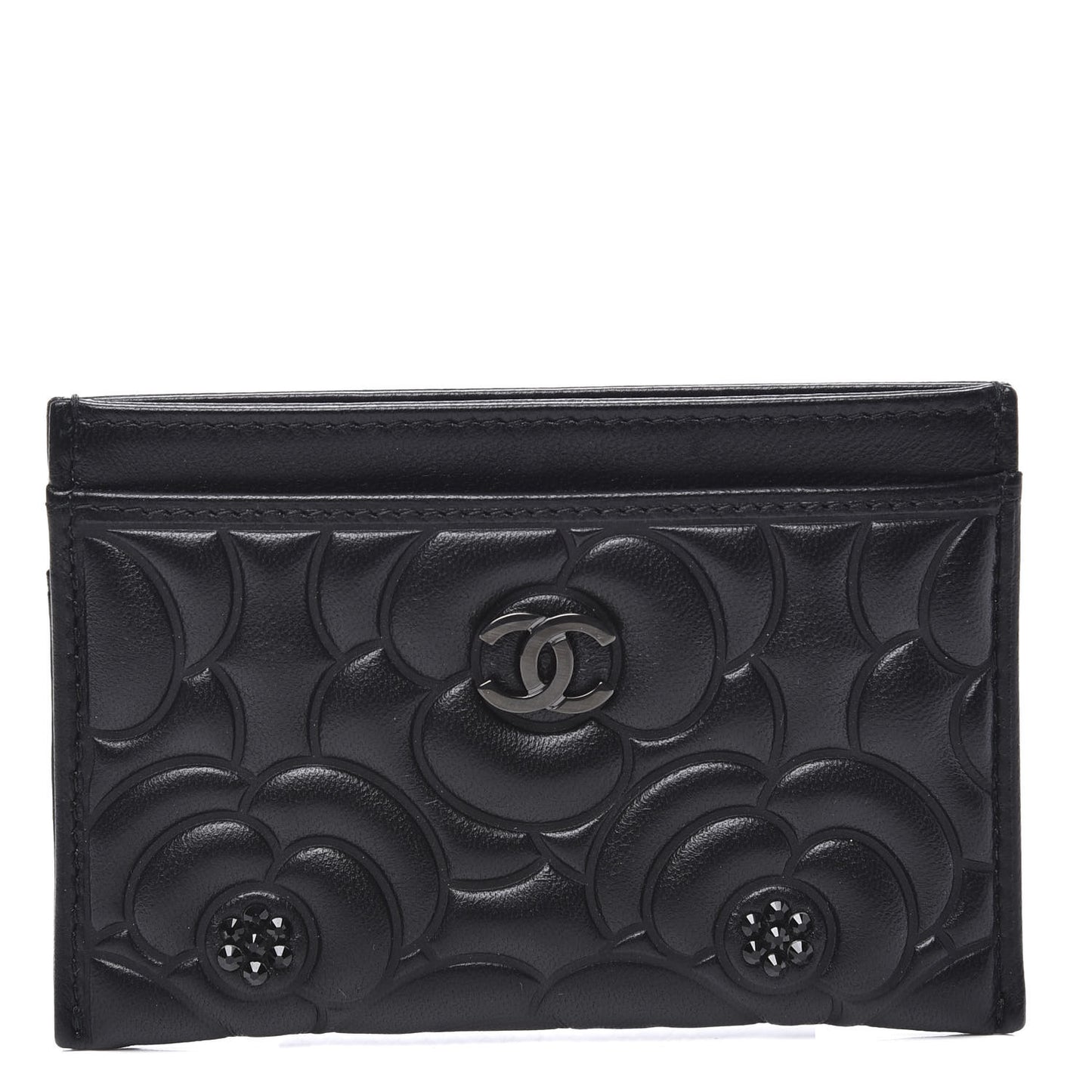 Lambskin Camellia Embossed Card Holder So Black