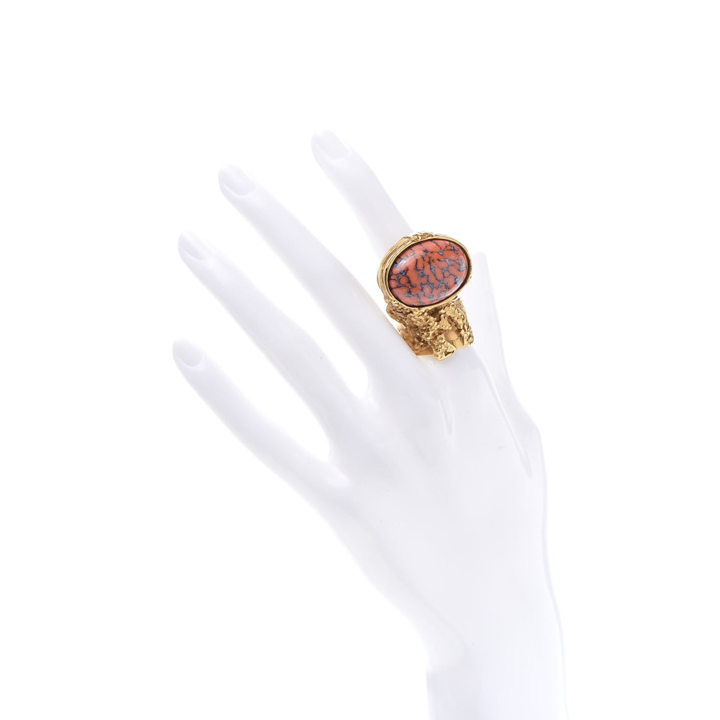 Glass Cabochon Arty Ovale Ring 8 Gold Coral