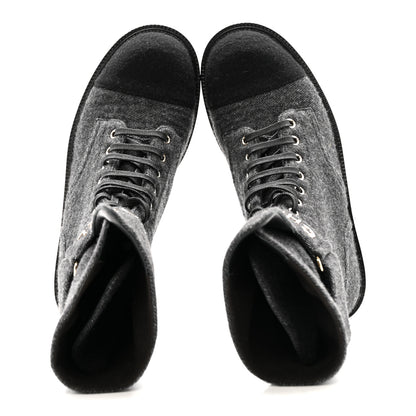Chanel Tweed Lace Up Combat Boots 37.5 Dark Grey Black 3 of 26