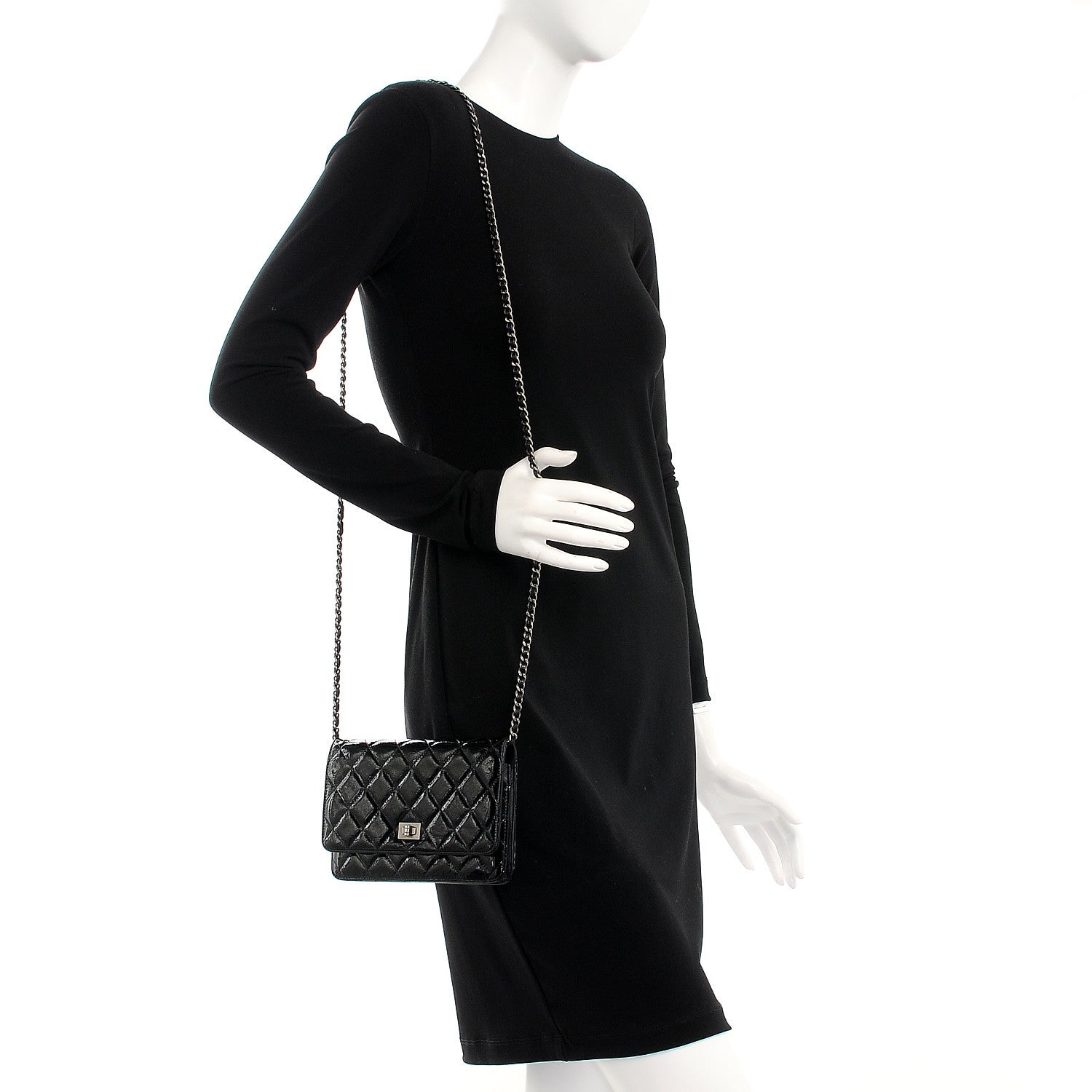 Chanel Distressed Patent Calfskin Quilted Reissue Wallet On Chain WOC Black 2 of 9