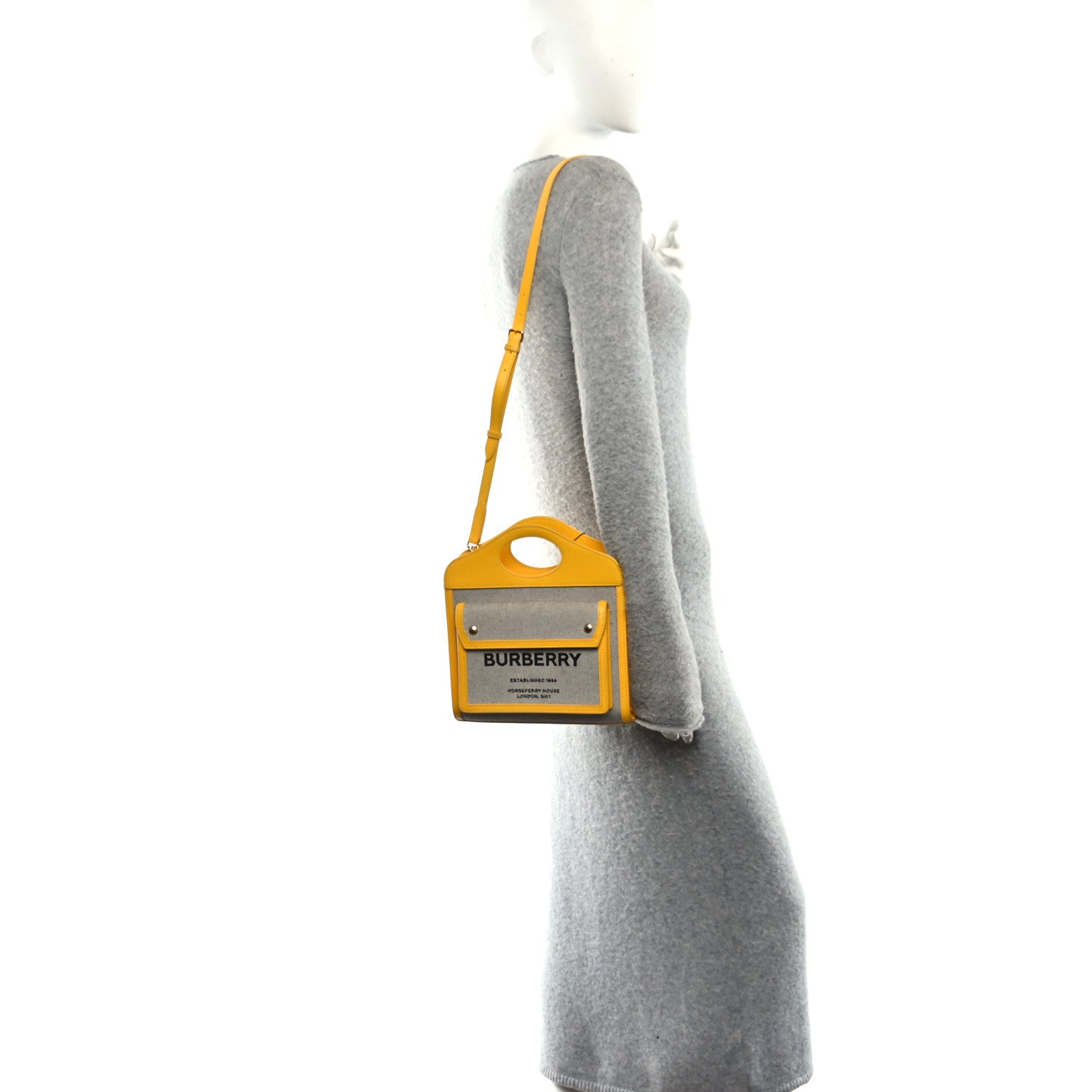Burberry Canvas Smooth Calfskin Two Tone Mini Pocket Bag Deep Saffron 2 of 12