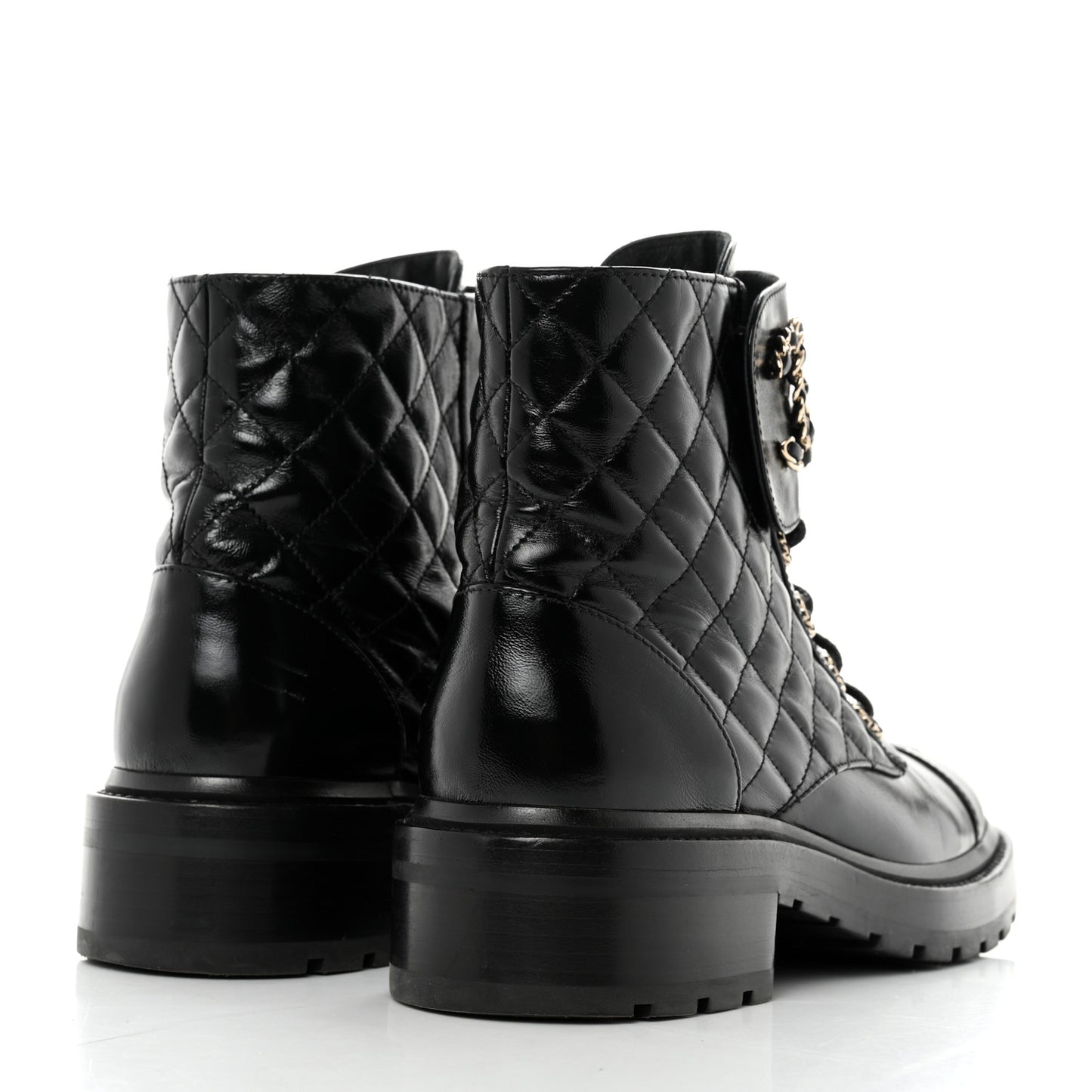 Shiny Calfskin Quilted Lace Up Combat Boots 39 Black