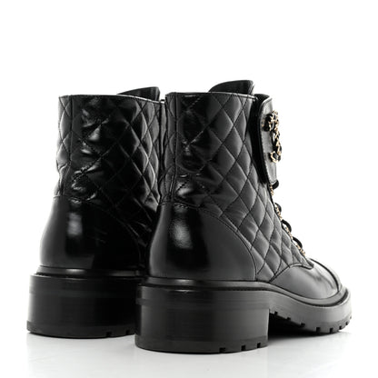 Chanel Shiny Calfskin Quilted Lace Up Combat Boots 39 Black 4 of 9