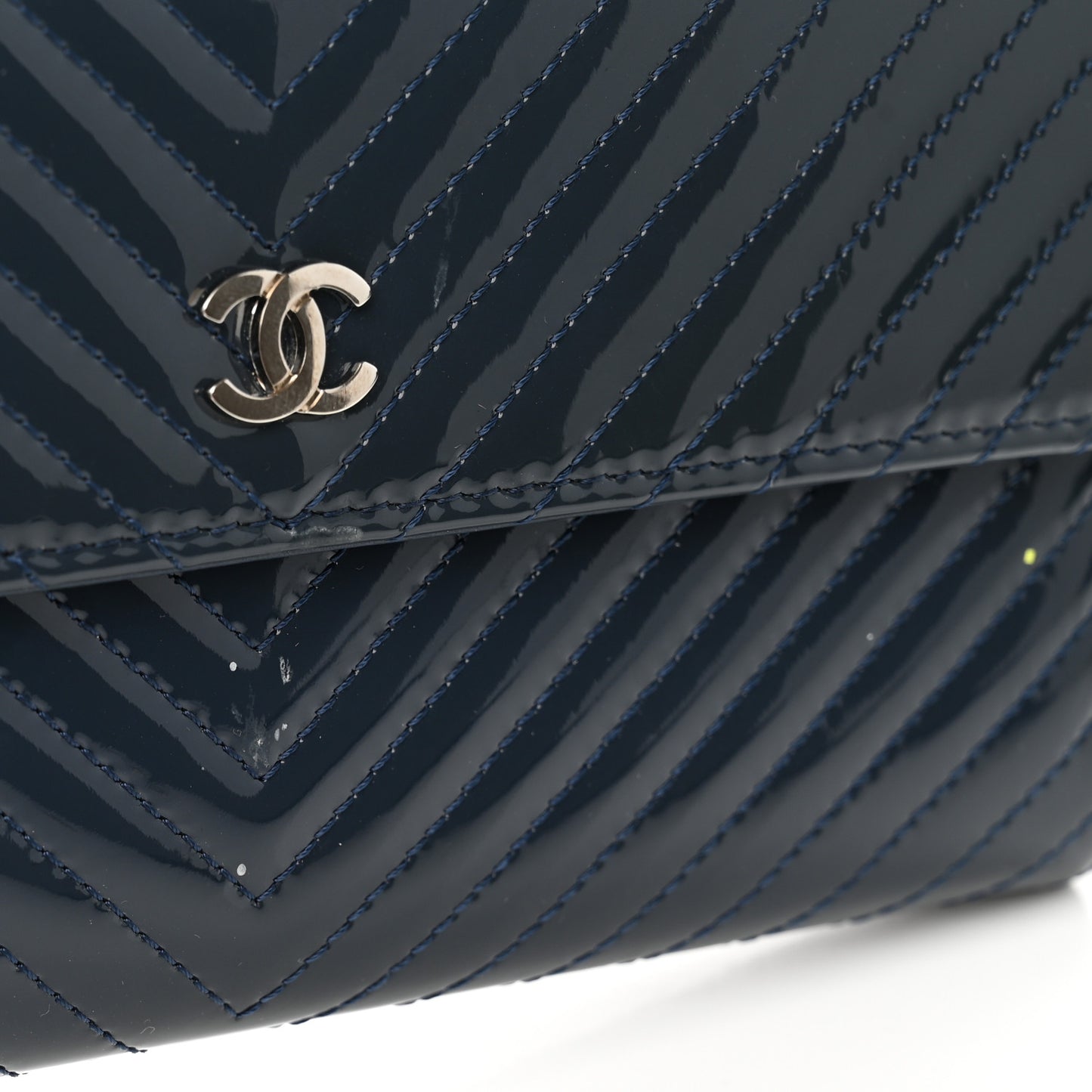 Patent Chevron Quilted Large Gusset Flap Wallet Navy
