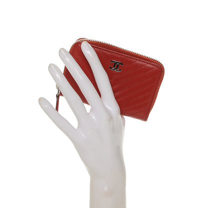 Chanel Caviar Chevron Quilted Zip Around Coin Purse Red 2 of 7