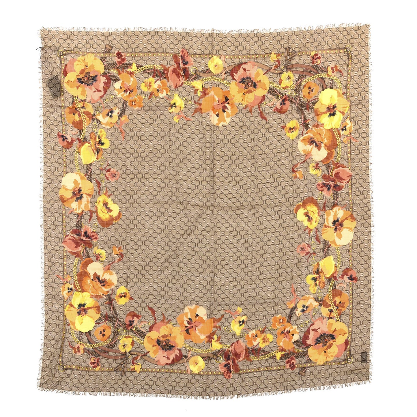 Wool Jacquard GG Monogram Big Panshie Fringe Shawl Sun Beige