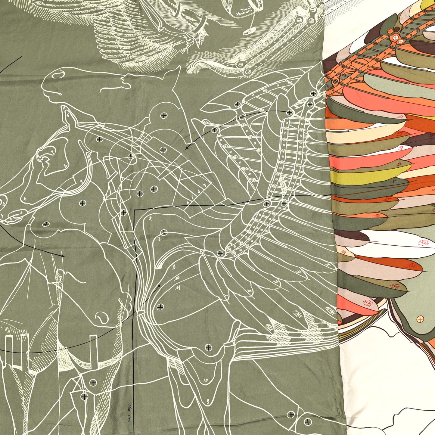 Silk Le Pegase d'Hermes Cut Wash 140 Scarf Kaki Gris Perle Or