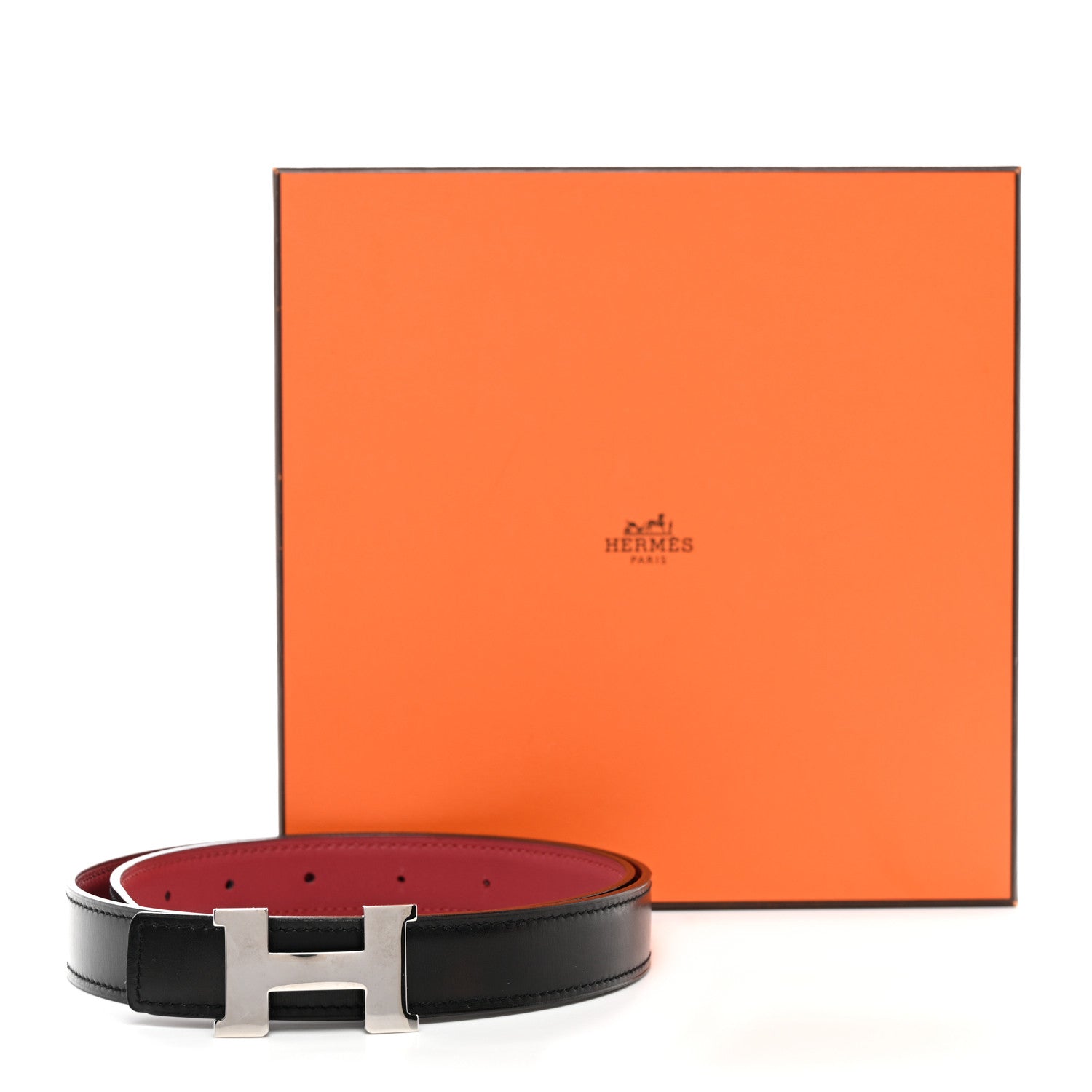 HERMES レザー ベルト ブラック/レッド Hermes Box Swift 24mm Constance H Belt 75 Black Rouge Grenat
