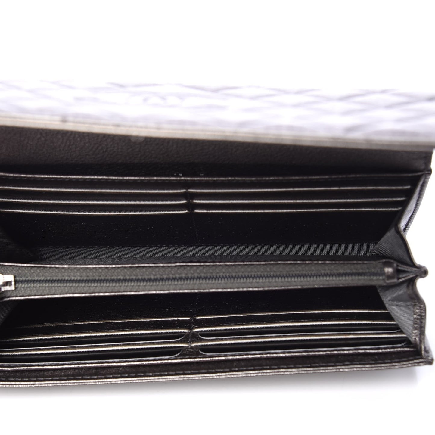 Calfskin Quilted Diamond CC Large Gusset Flap Wallet Dark Silver