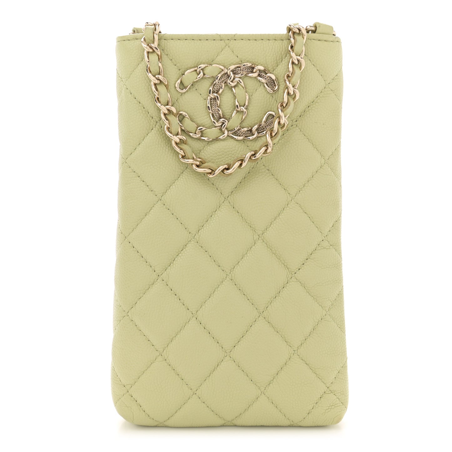 Caviar Quilted French New Wave Phone Holder With Chain Light Green
