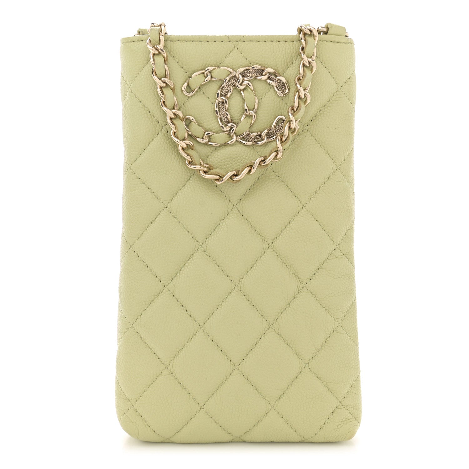 Chanel Caviar Quilted French New Wave Phone Holder With Chain Light Green 1 of 11