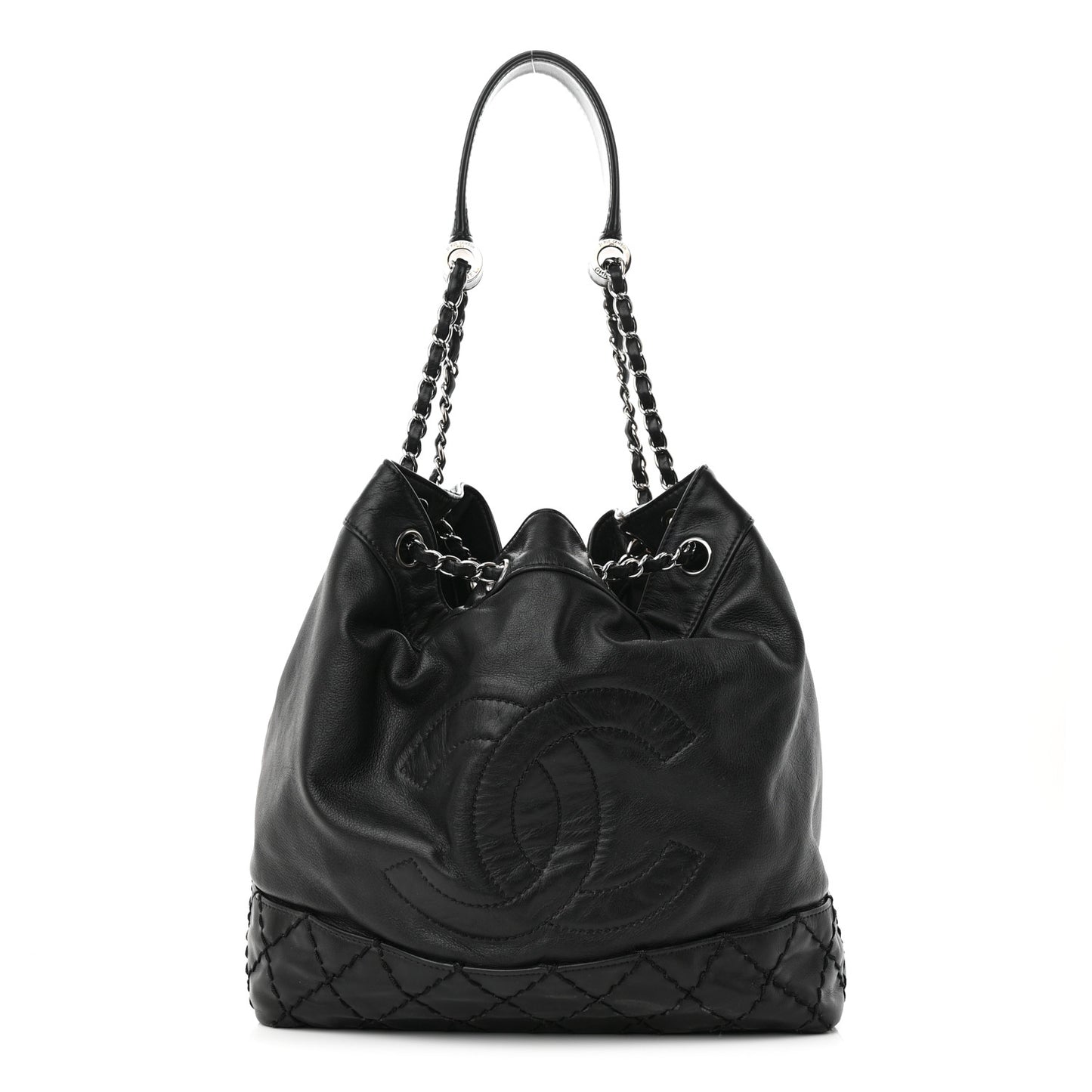 Calfskin Drawstring CC Bucket Bag Black