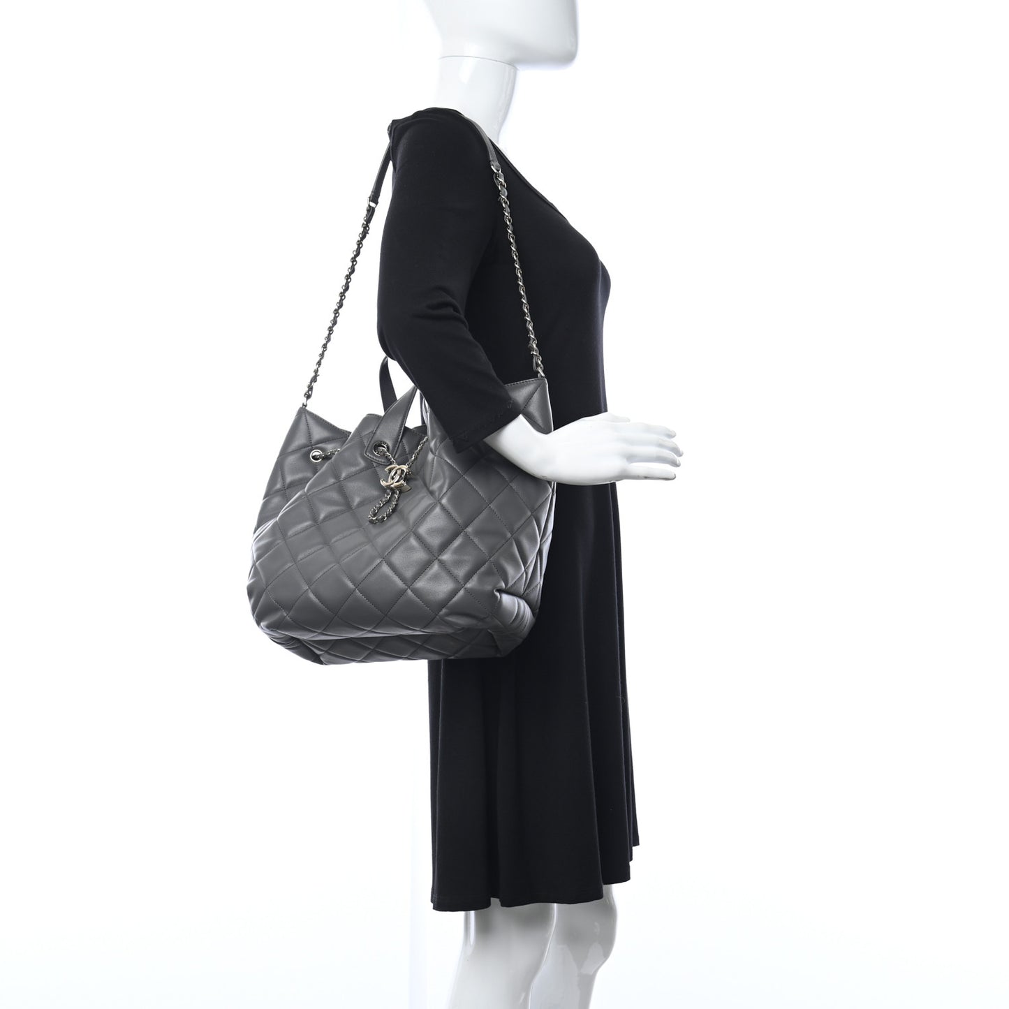 Lambskin Quilted CC Dweller Drawstring Tote Grey