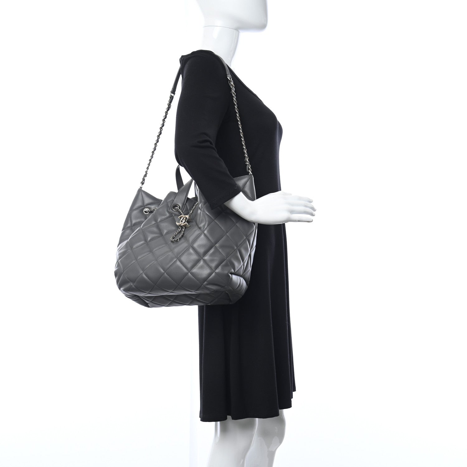 Chanel Lambskin Quilted CC Dweller Drawstring Tote Grey 3 of 10