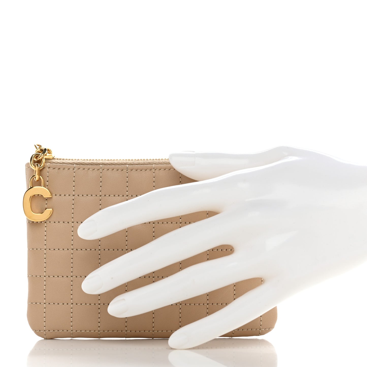Calfskin Quilted C Charm Coin Card Pouch Nude
