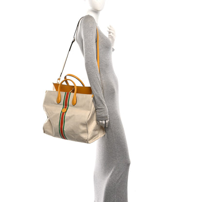 Gucci Linen Heavy Canvas Textured Dollar Calfskin Web Large Retro Interlocking G Foldable Tote Light Beige 2 of 10