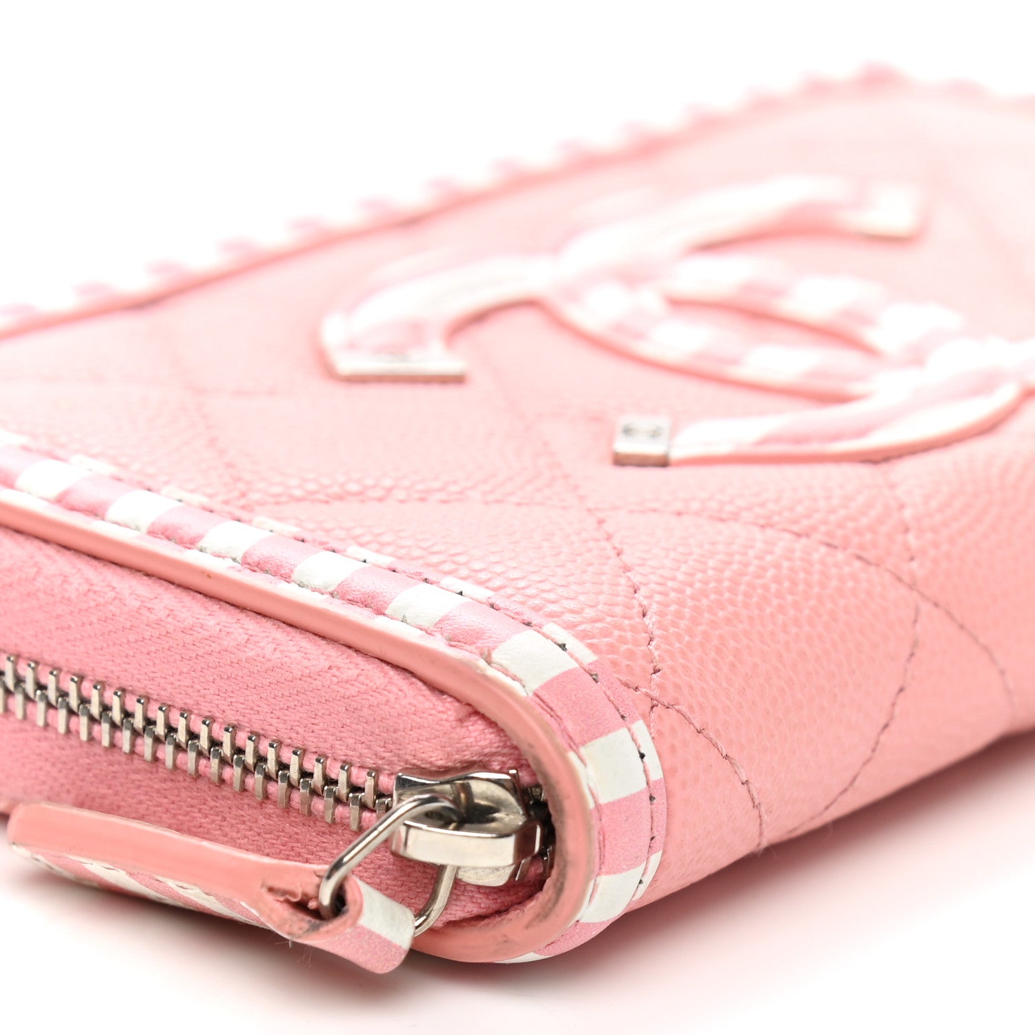 Chanel Caviar Quilted Medium Stripe Filigree Zip Around Wallet Pink White 9 of 15