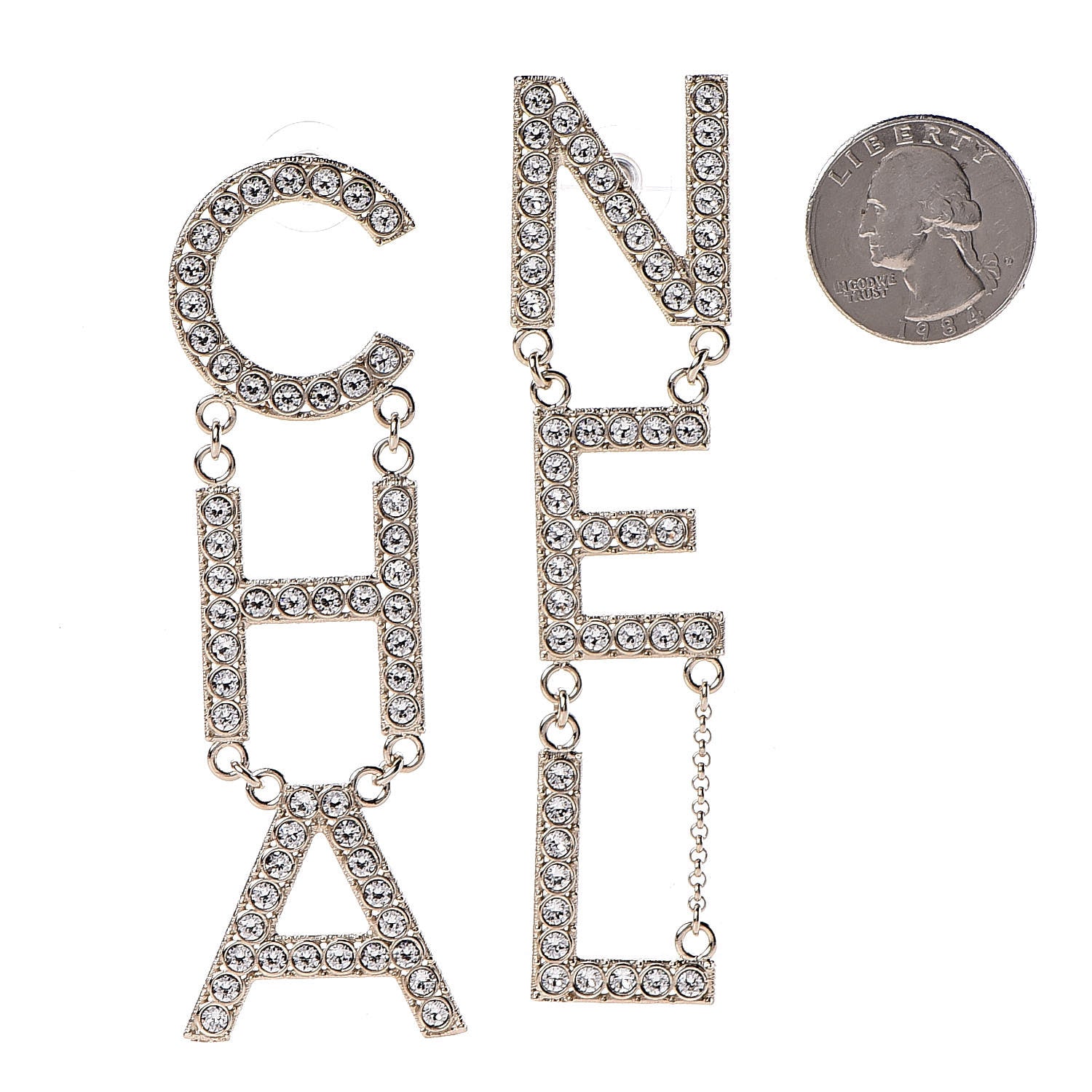 Chanel Crystal Cha-Nel Logo Drop Earrings Gold 2 of 5