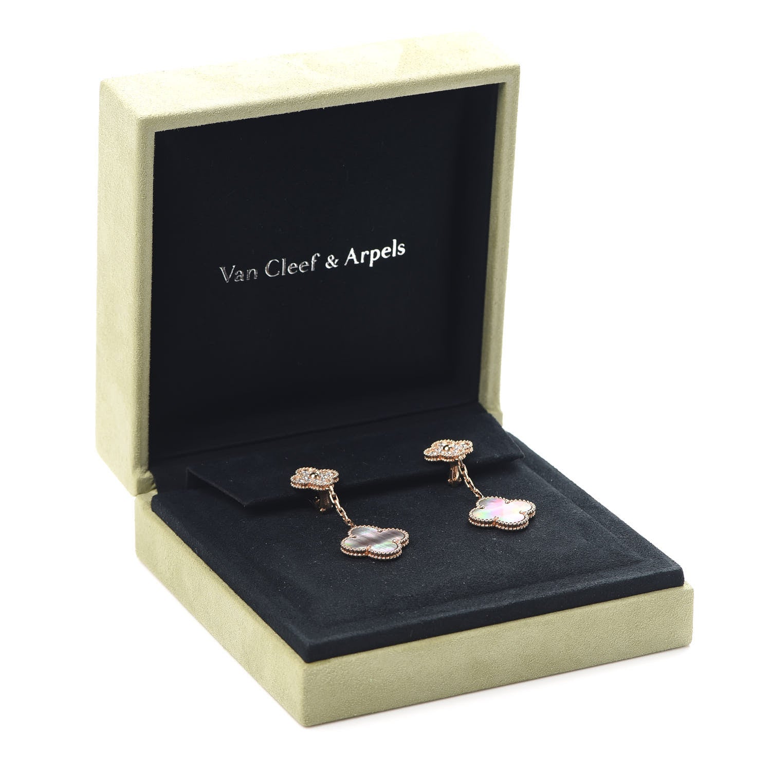 Van Cleef & Arpels 18K Rose Gold Diamond Grey Mother of Pearl Magic Alhambra 2 Motifs Earrings 6 of 6