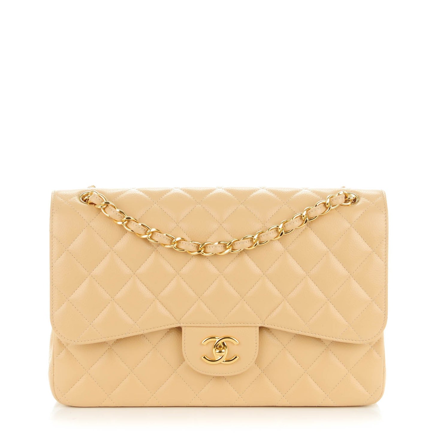 Caviar Quilted Jumbo Double Flap Beige Clair