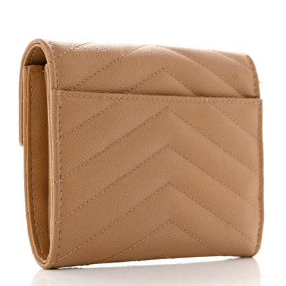 Saint Laurent Grain De Poudre Matelasse Chevron Monogram Compact Tri Fold Wallet Natural Dark 3 of 7