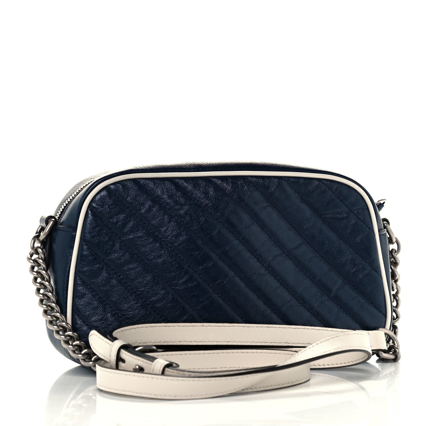 Vintage Effect Calfskin Matelasse Diagonal Small Torchon GG Marmont Chain Shoulder Bag Blue Agata Mystic White