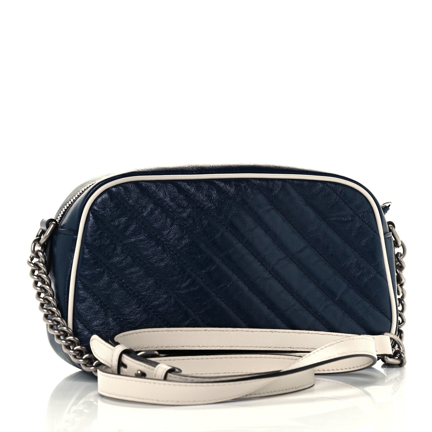 Gucci Vintage Effect Calfskin Matelasse Diagonal Small Torchon GG Marmont Chain Shoulder Bag Blue Agata Mystic White 3 of 11