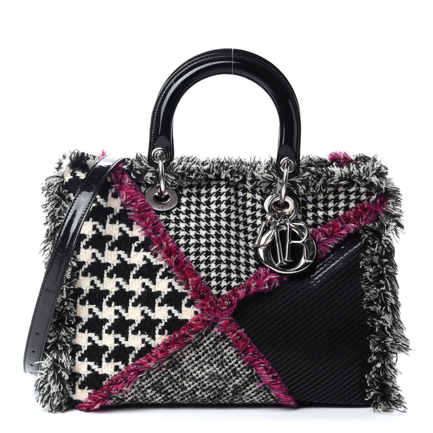 Christian Dior Patent Tweed Fringe Patchwork Lady Dior Black Multicolor 1 of 8