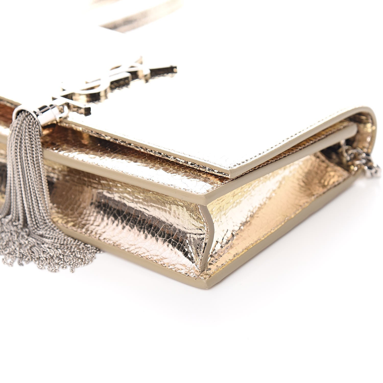 Saint Laurent Metallic Crackled Calfskin Kate Monogram Tassel Chain Wallet Gold 8 of 10