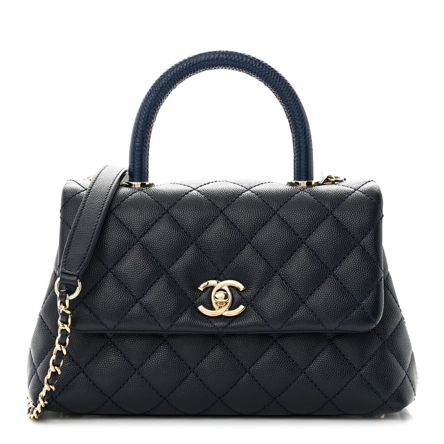 Caviar Quilted Lizard Embossed Mini Coco Handle Flap Dark Blue