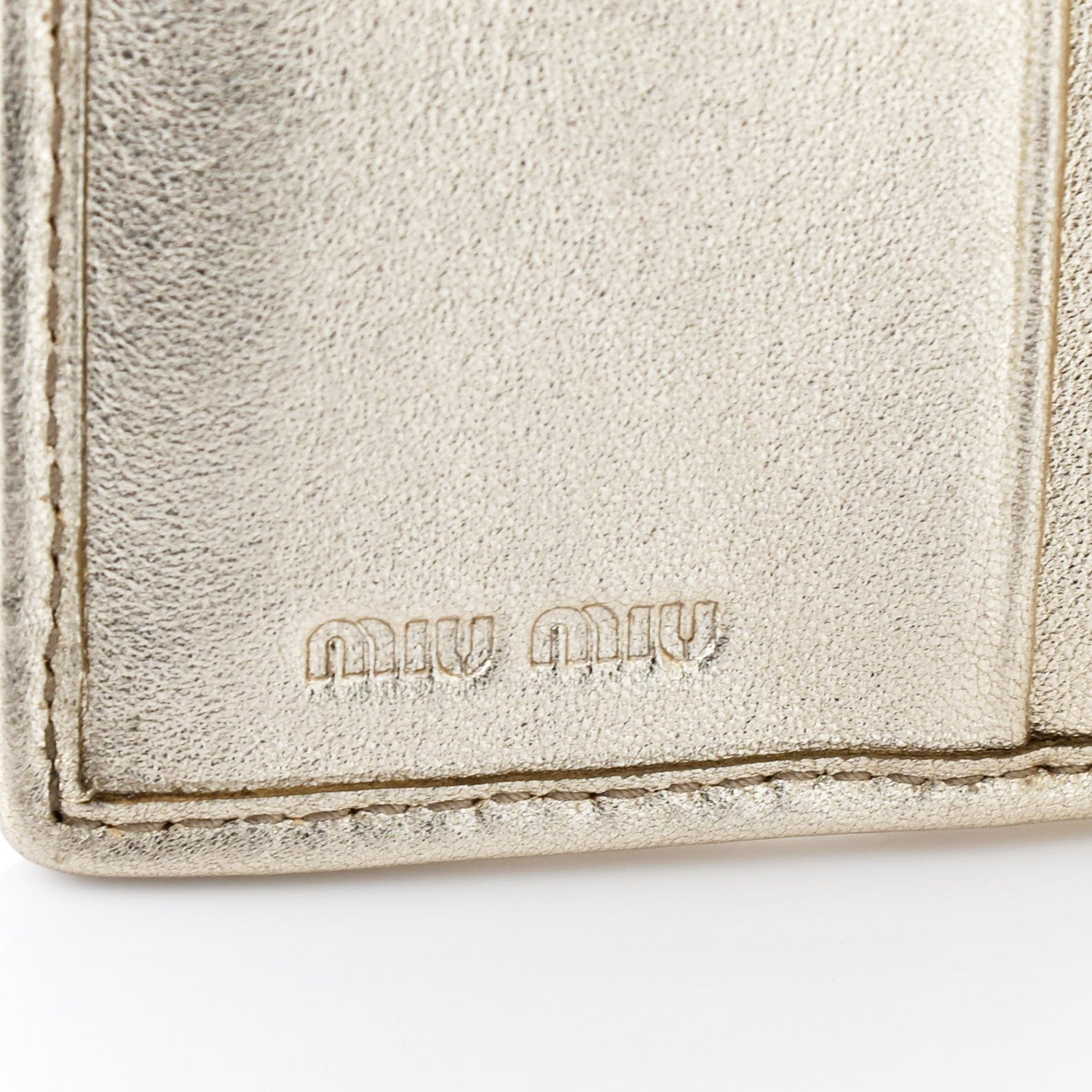 Miu Miu Metallic Nappa Matelasse Crystal Pearl Logo Compact Wallet Gold 6 of 8