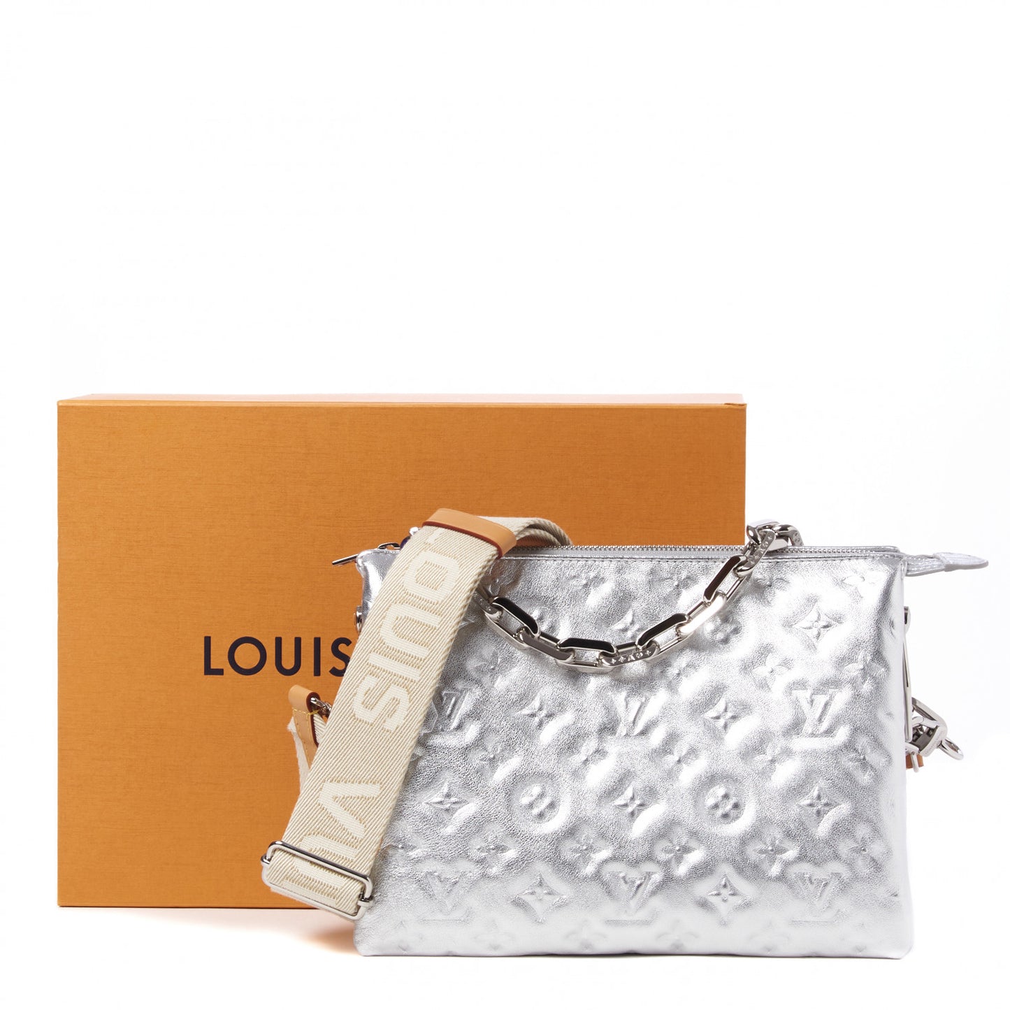 Metallic Lambskin Embossed Monogram Coussin PM Silver