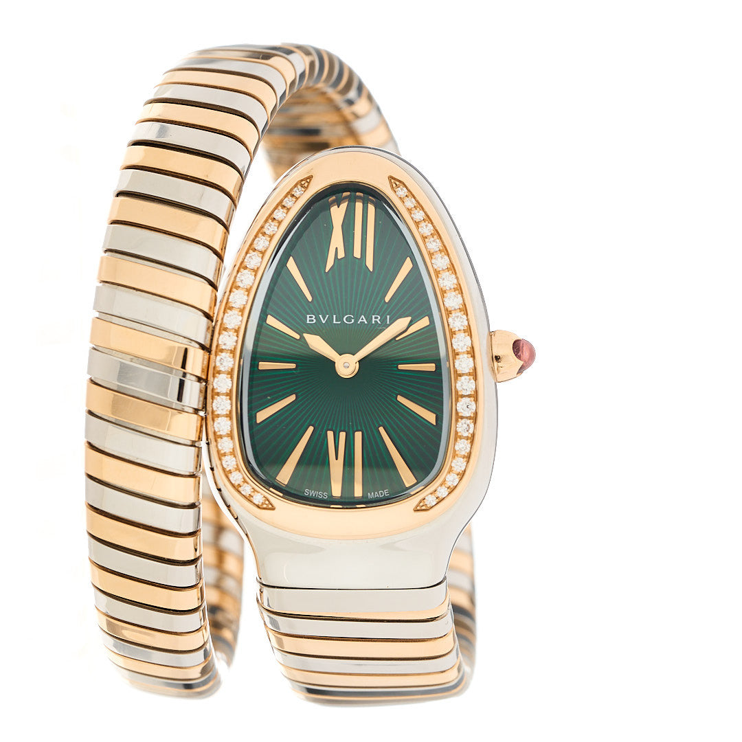 Stainless Steel 18K Rose Gold Diamond Bezel 35mm Serpenti Tubogas Quartz Watch Green