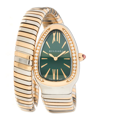Bulgari Stainless Steel 18K Rose Gold Diamond Bezel 35mm Serpenti Tubogas Quartz Watch Green 1 of 5