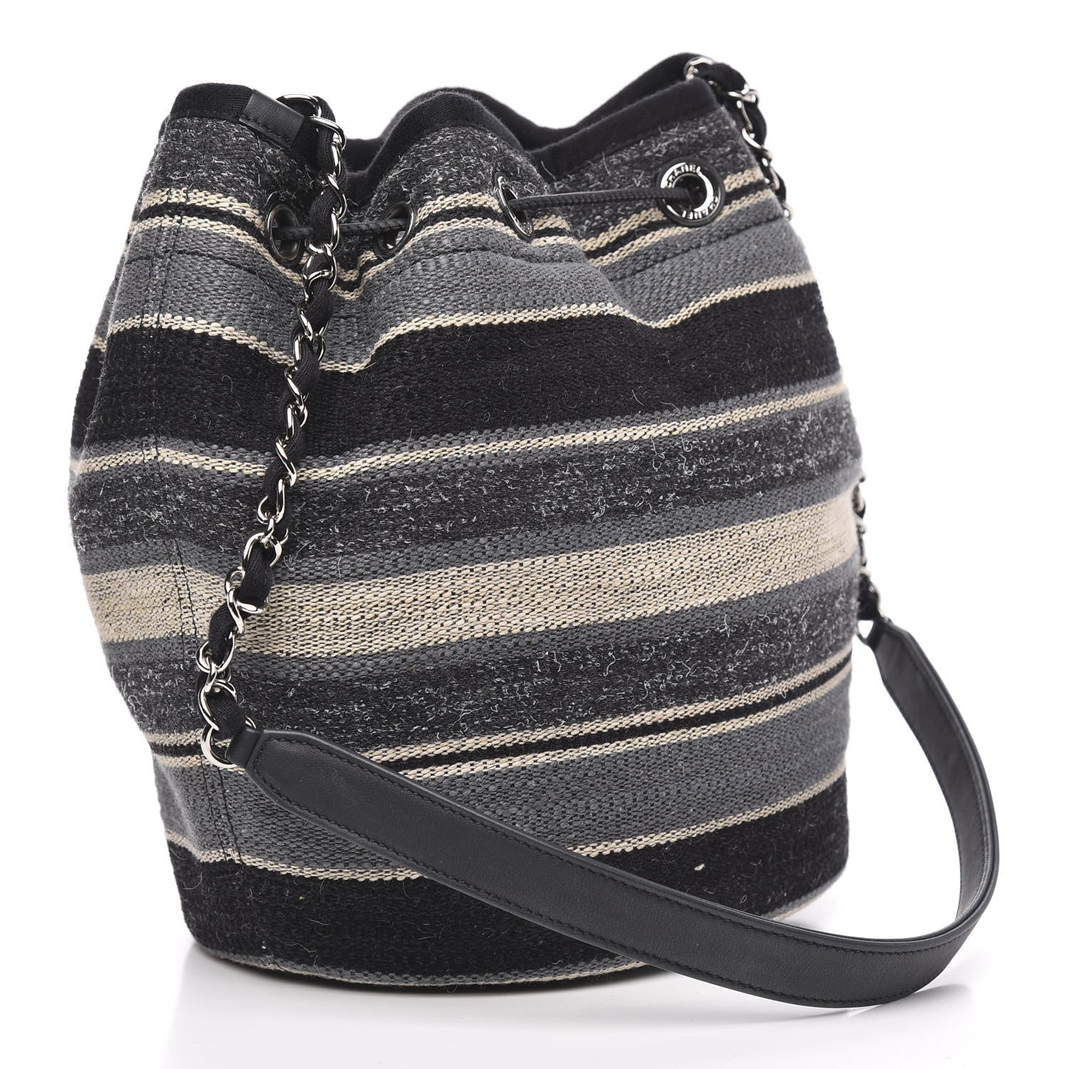 Chanel Striped Canvas Deauville Drawstring Bag Grey Black 3 of 10