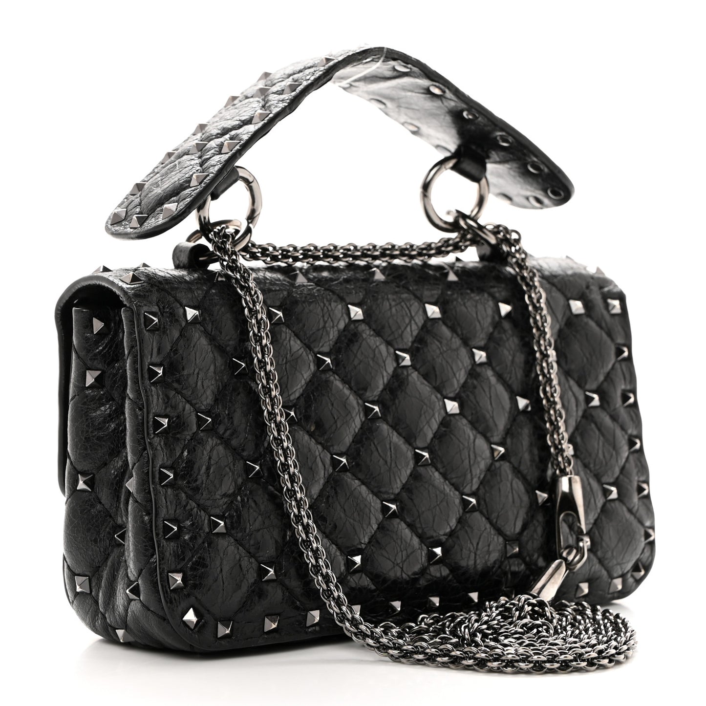 Craquele Nappa Small Rockstud Spike Shoulder Bag Black